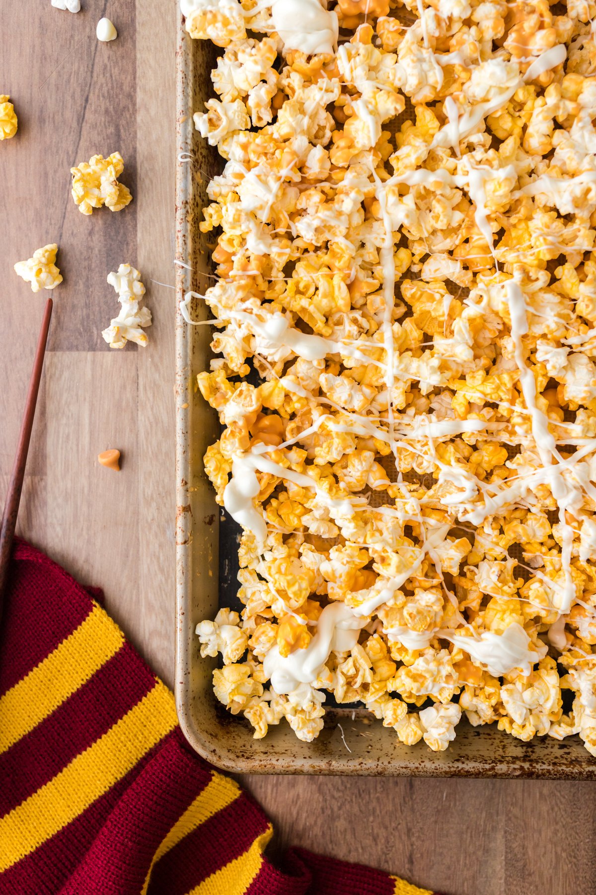 cookie sheet with butterbeer popcorn