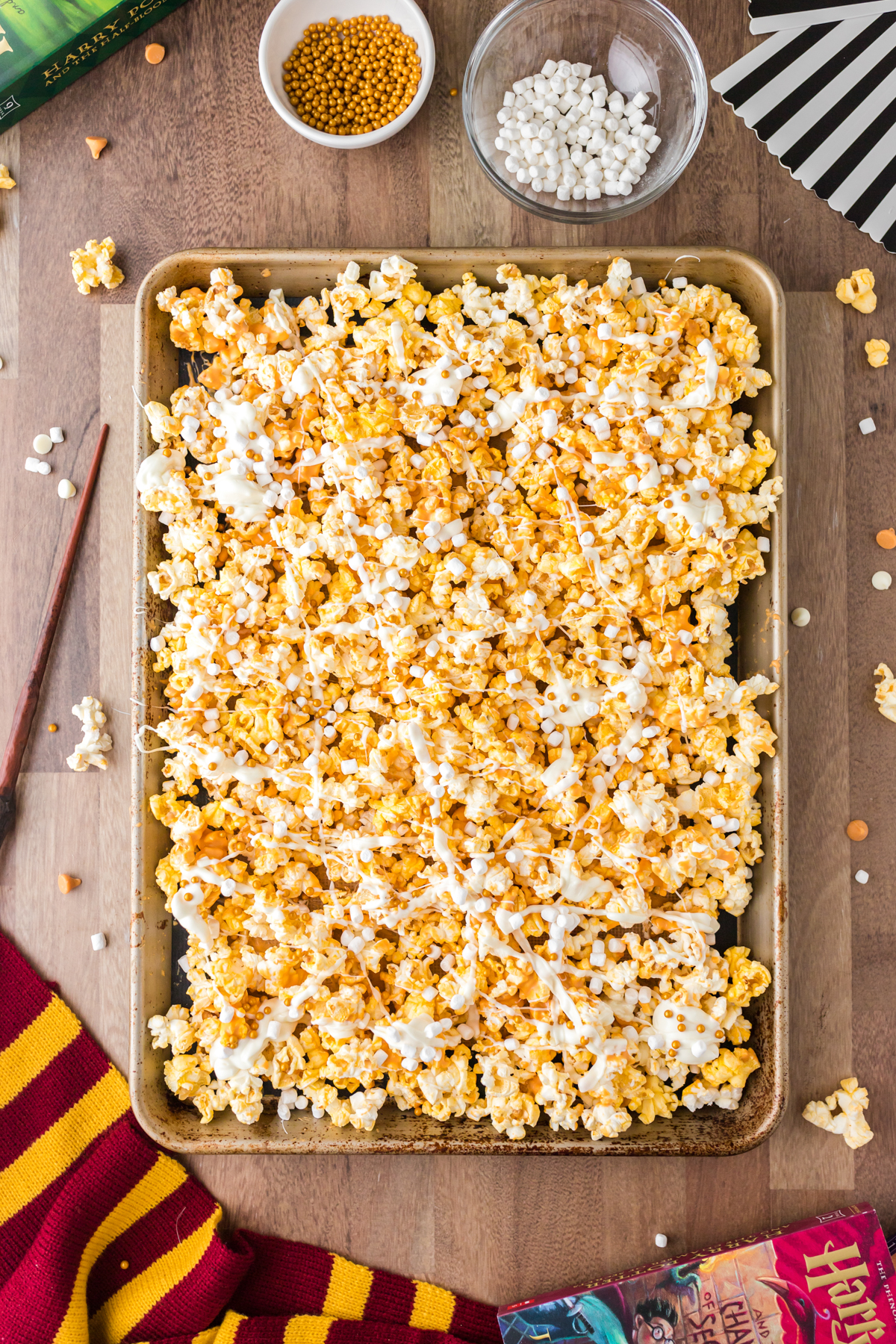 sheet pan with butterbeer popcorn