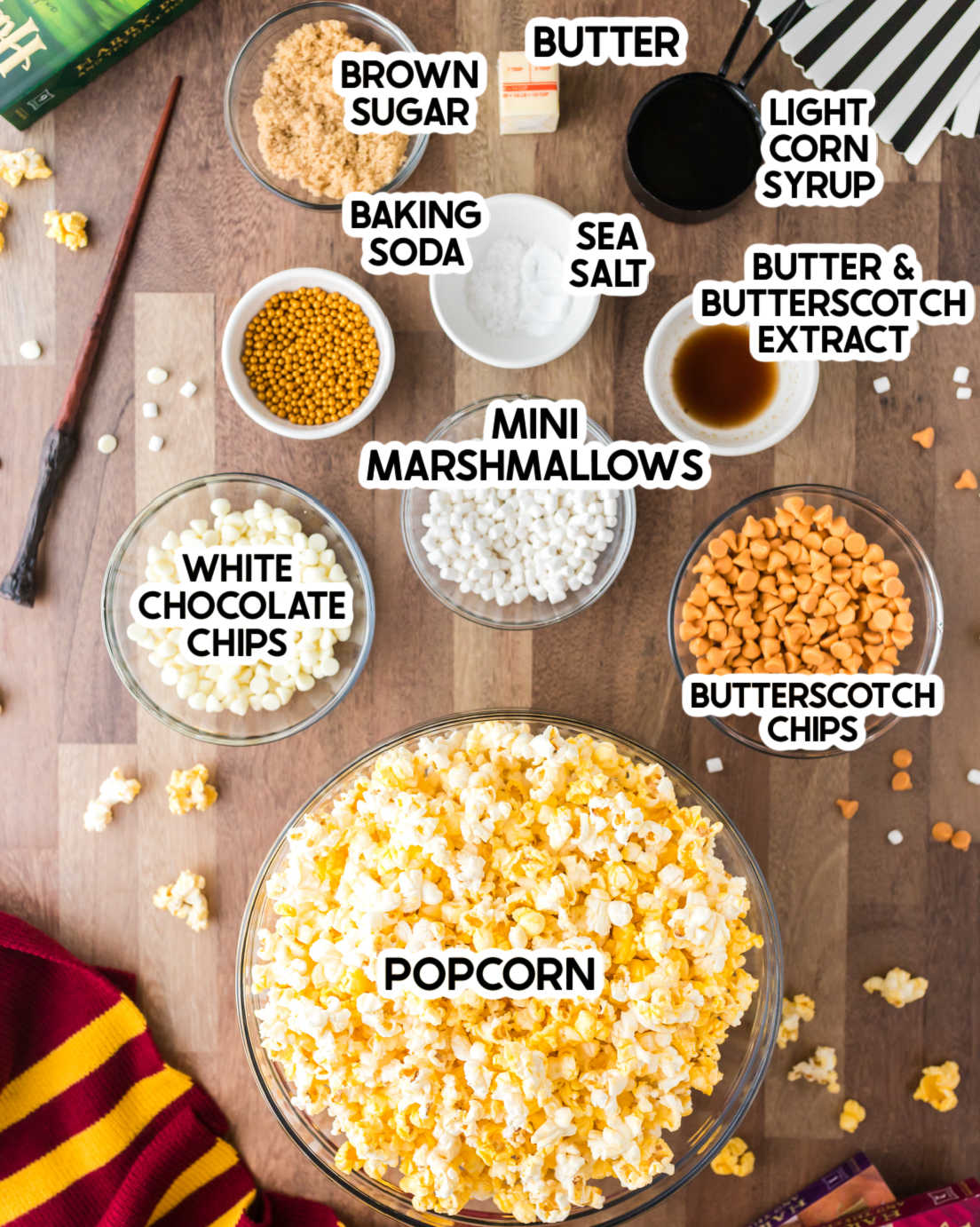 ingredients in butterbeer popcorn with labels
