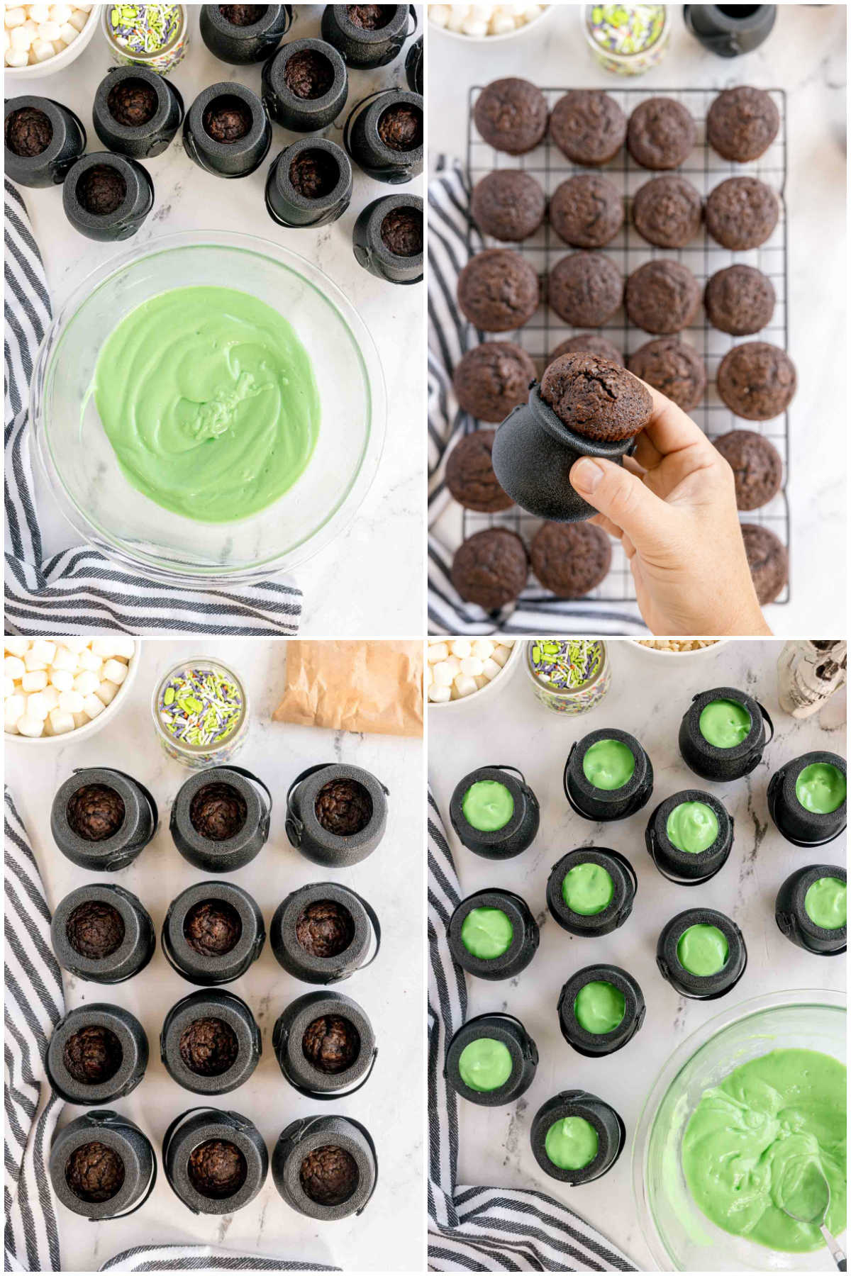 four images showing adding chocolate cupcakes and cauldrons together
