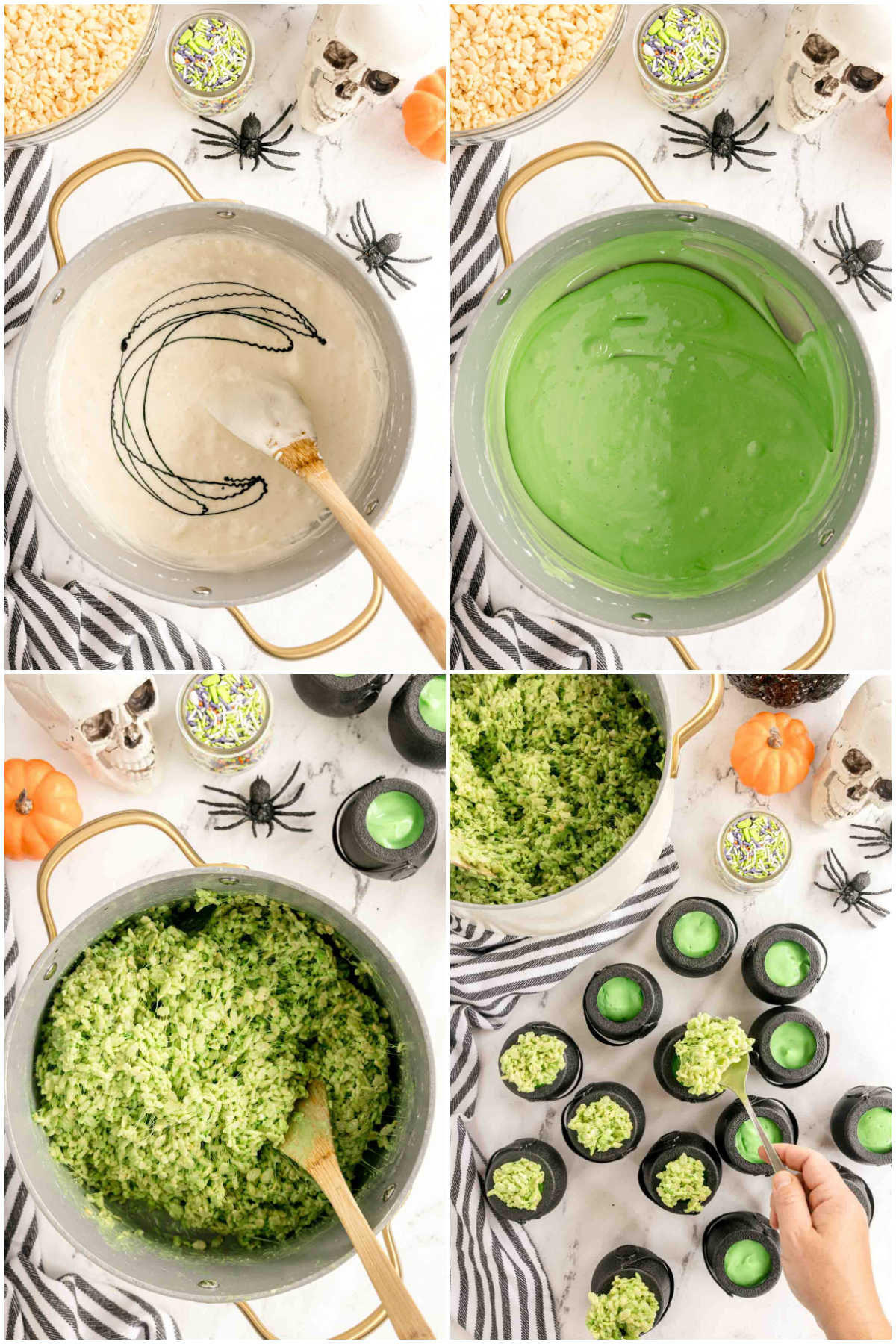 four image collage showing making green rice krispy treats