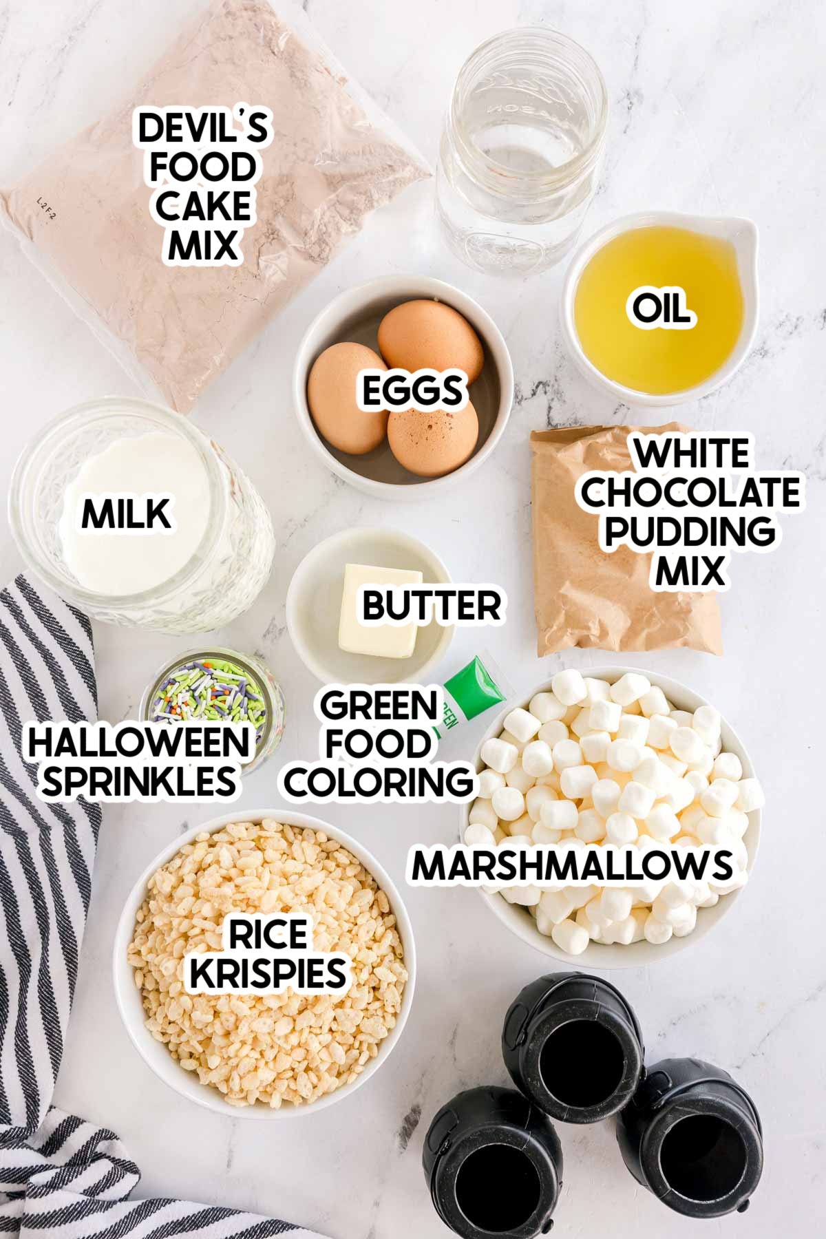 ingredients to make cauldron cupcakes with labels