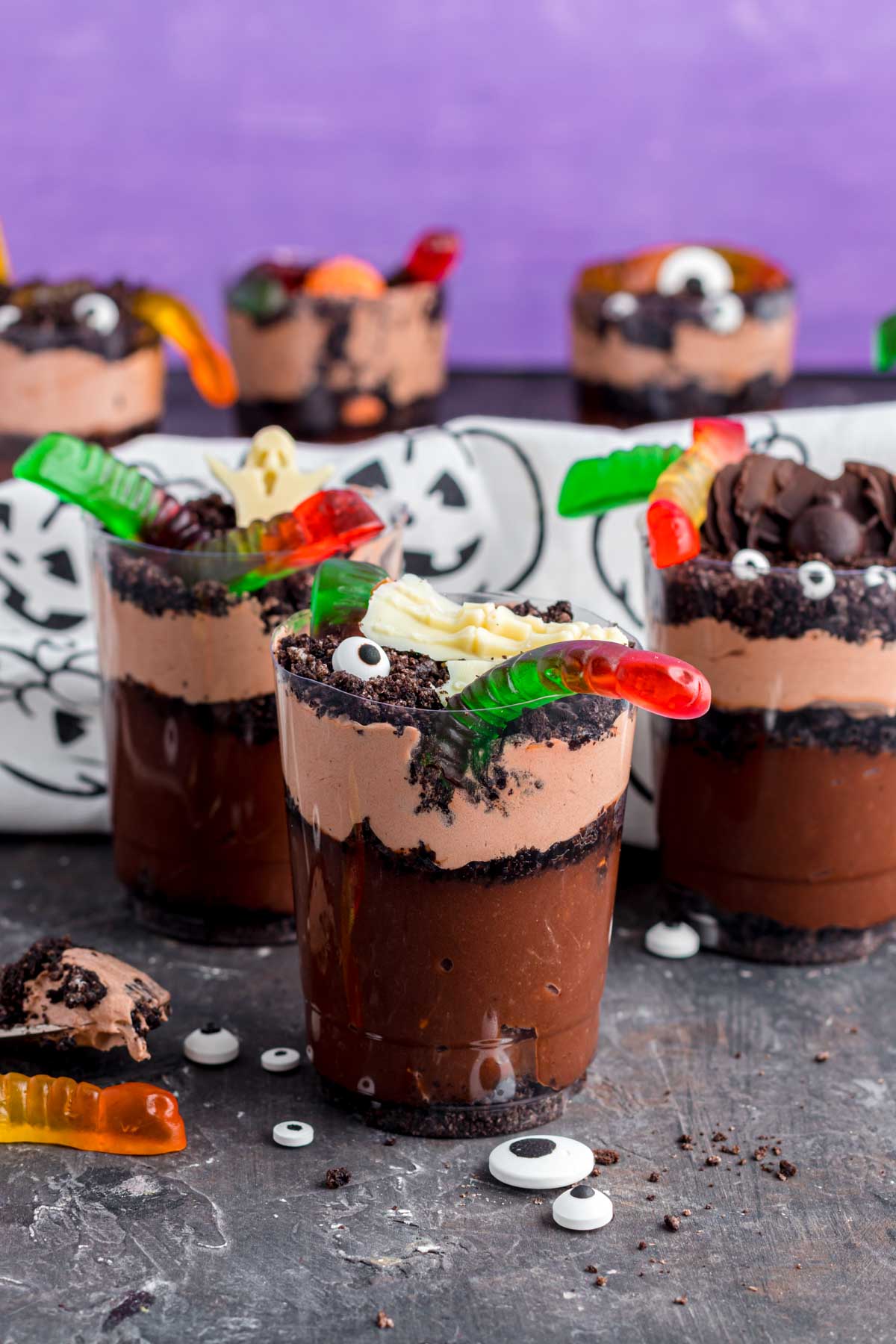 three Halloween dirt cups