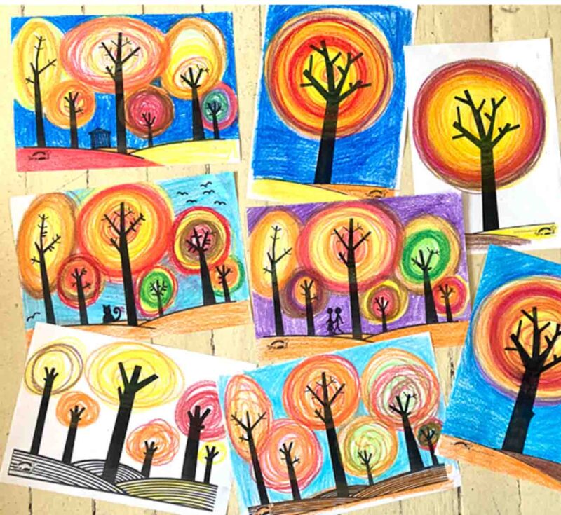 collage of tree drawings