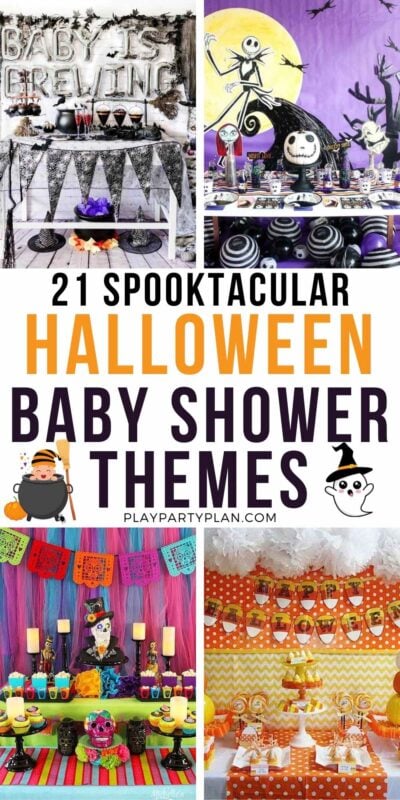 collage of images of a Halloween baby shower