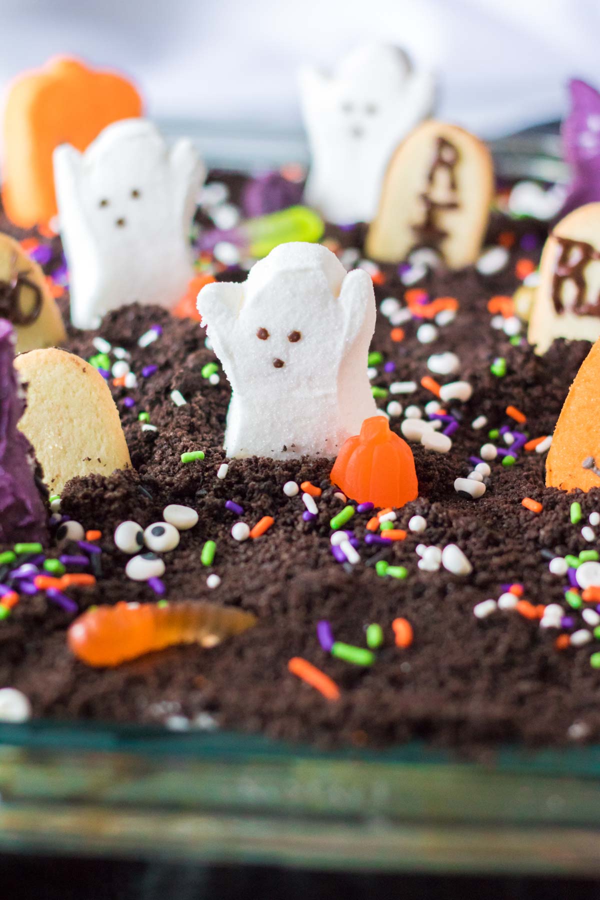 Halloween dirt cake in a glass baking dish