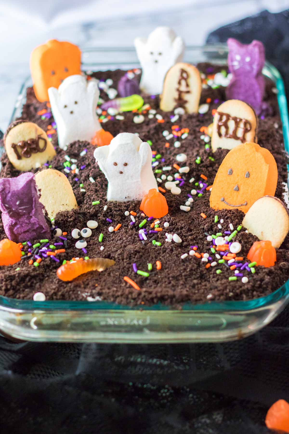 Halloween dirt cake in a baking dish
