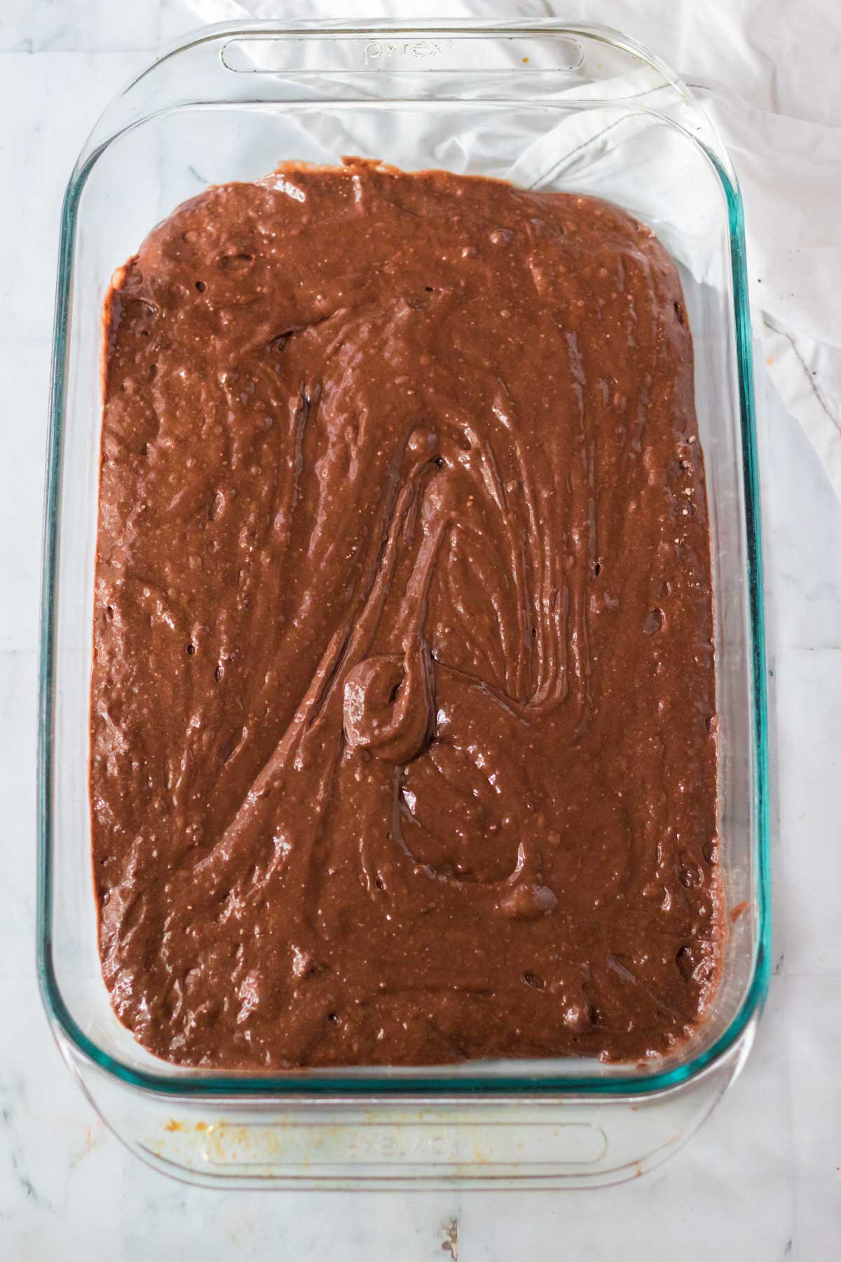 devil's food cake mix in a baking dish