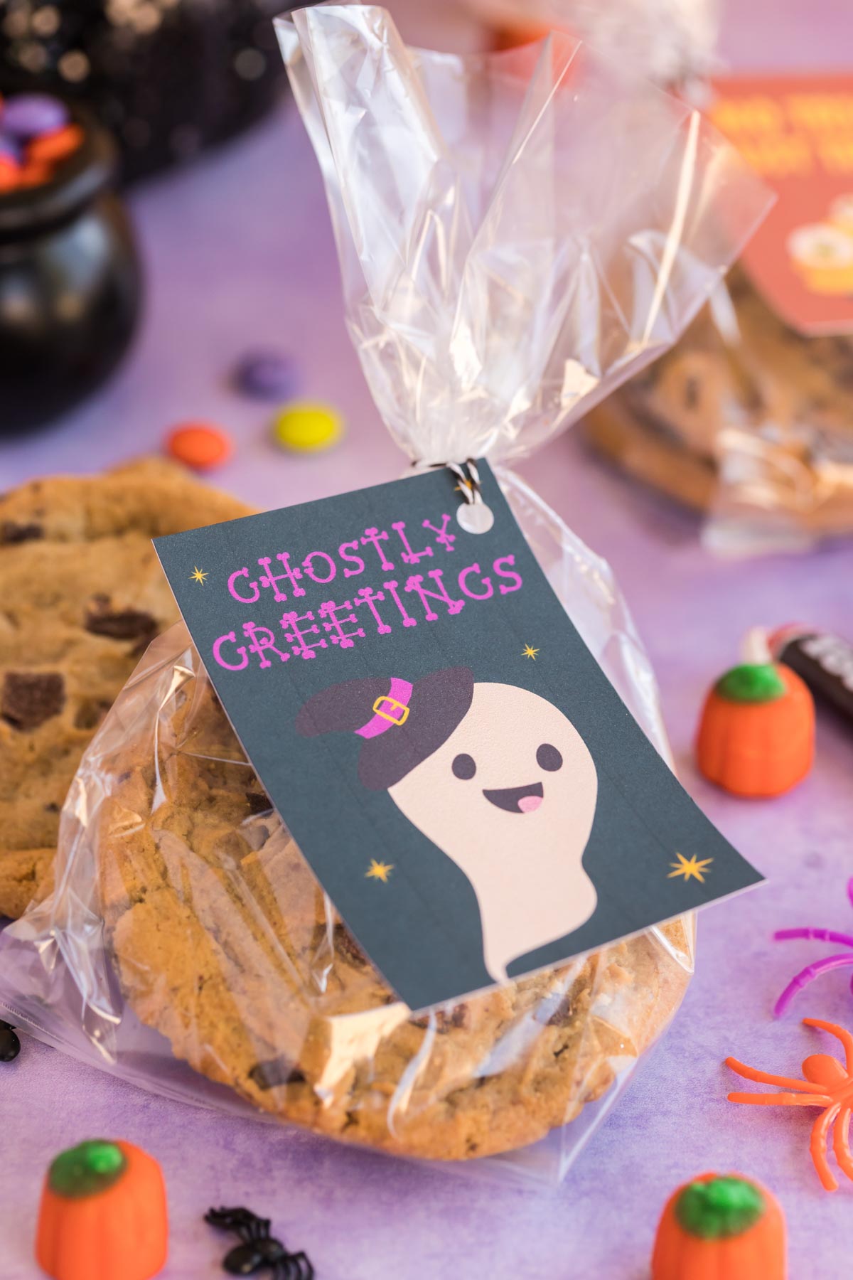 bag of treats with a ghostly greetings gift tag