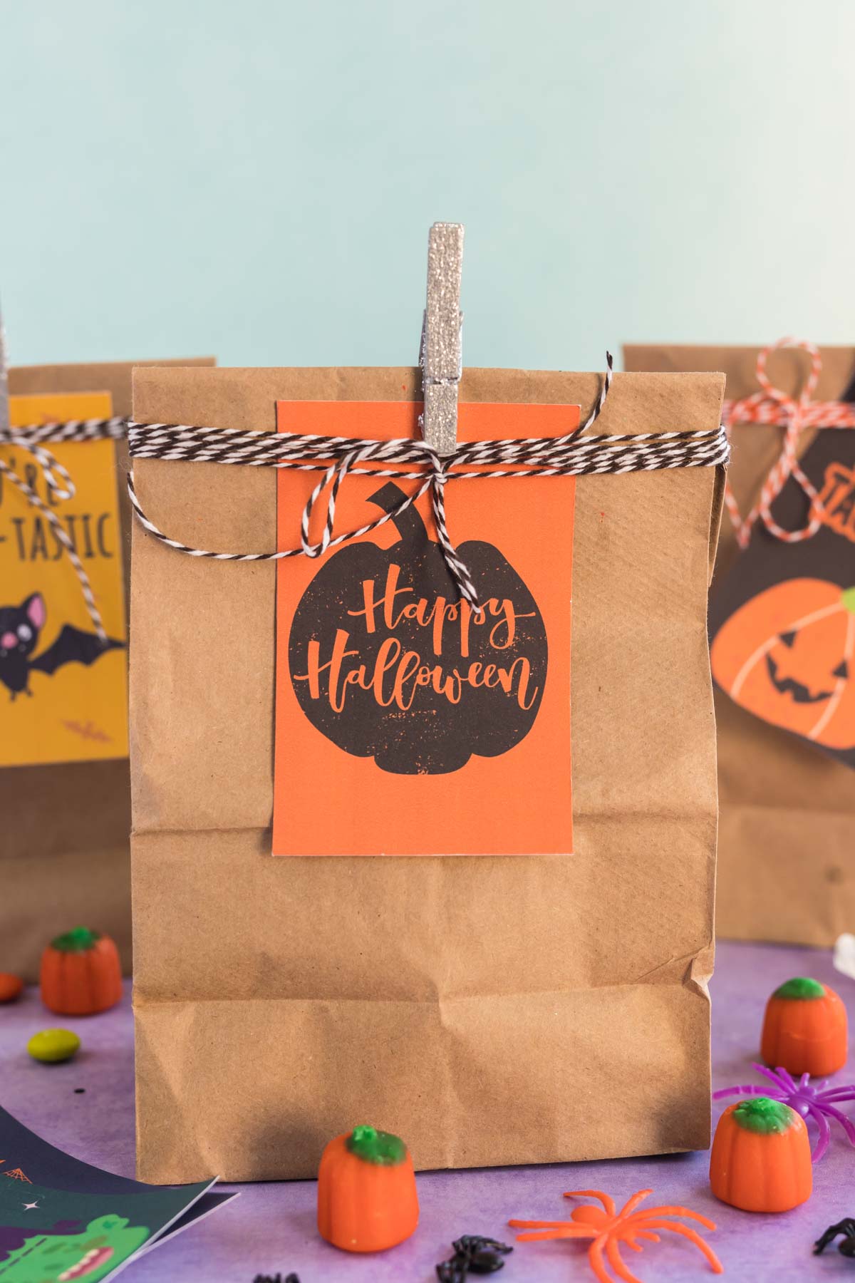 Halloween gift tag tied to a brown bag