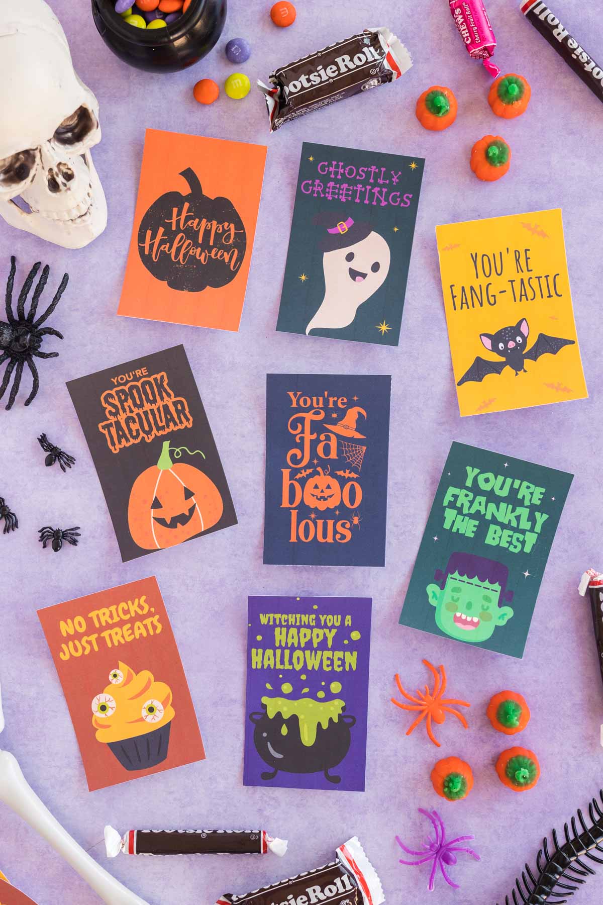 Free printable Hallowene gift tags on a purple background