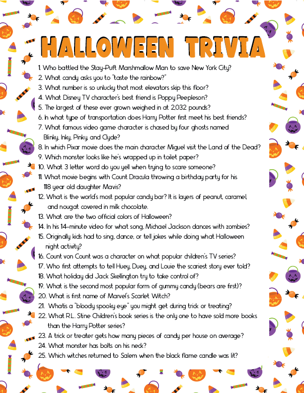 Halloween trivia questions with a candy border