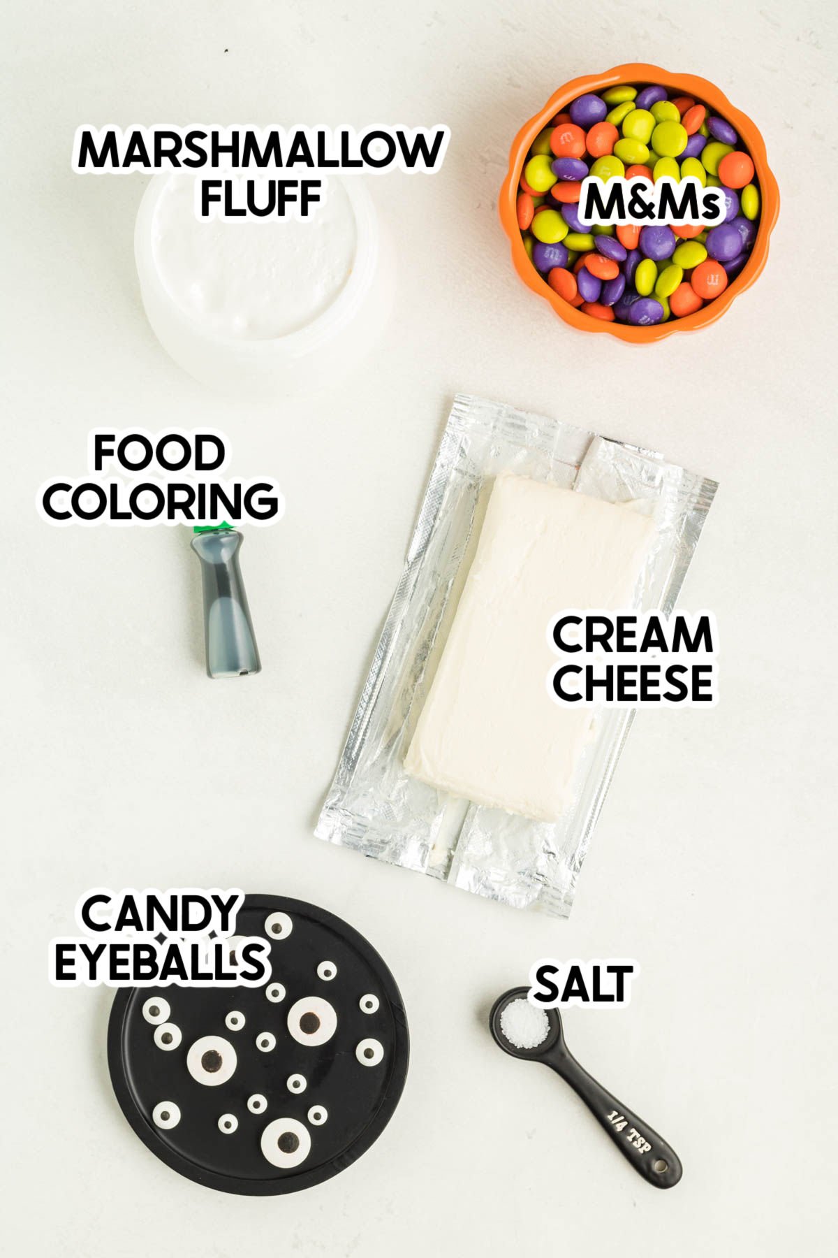 ingredients to make a monster marshmallow dip