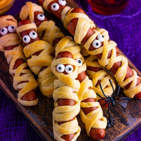 Halloween mummy dogs with dipping saucee