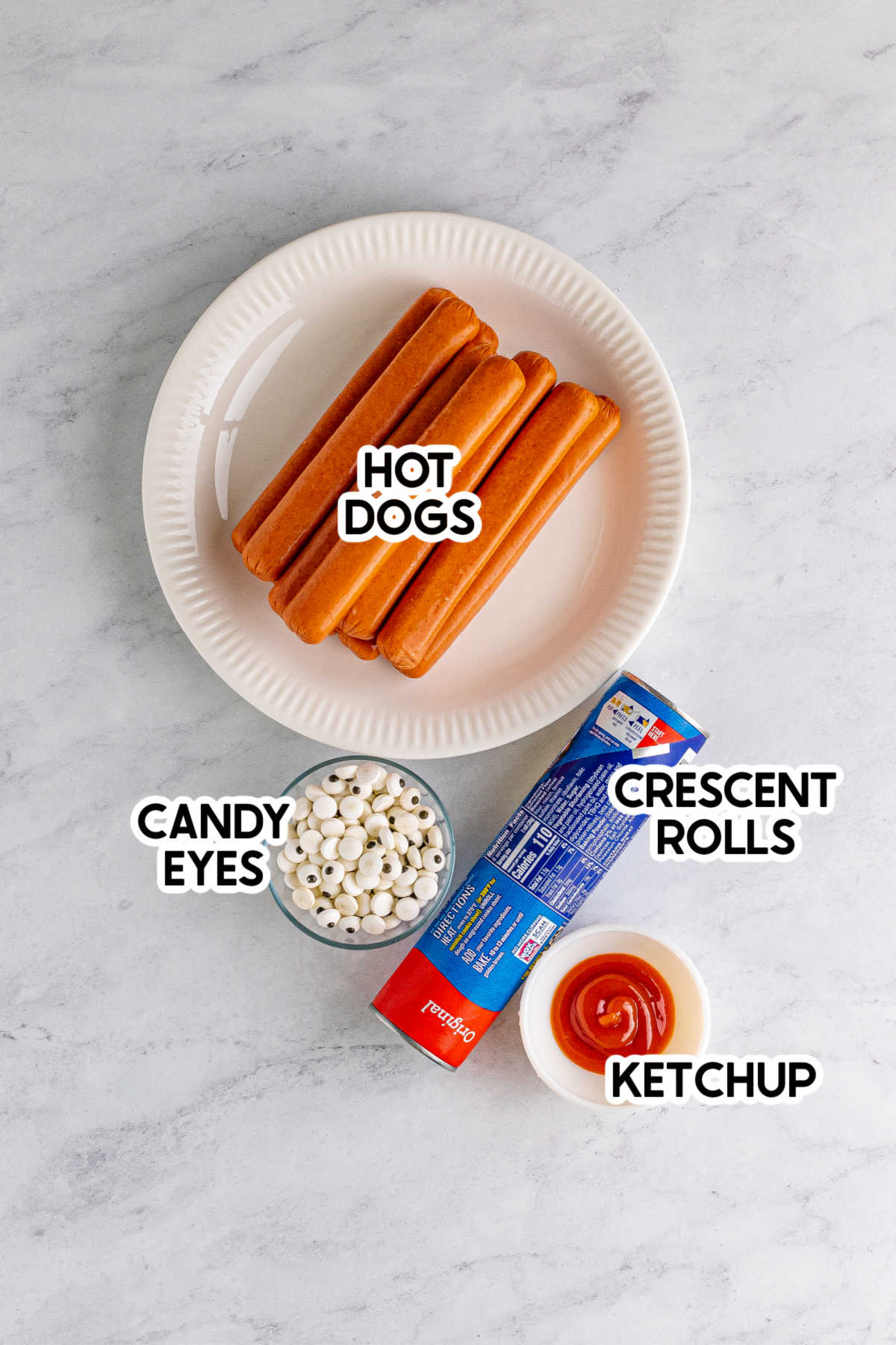 ingredients for wrapped mummy dogs with labels