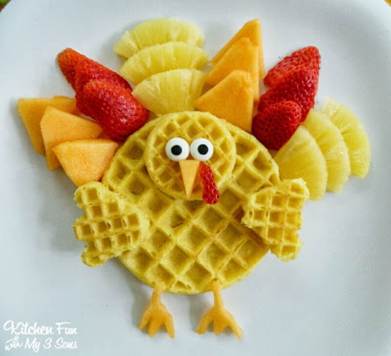 waffle shaped like turkey with fruit feathers