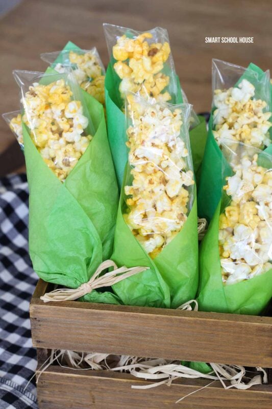 popcorn bagged and wrapped in green paper to resemble corn