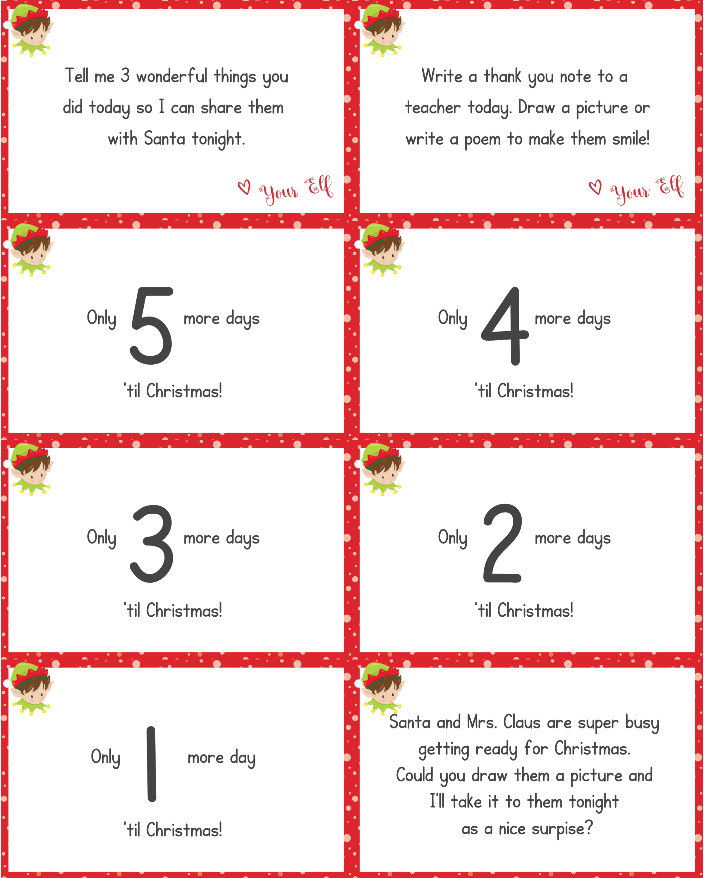 elf on the shelf printable notes counting to christmas