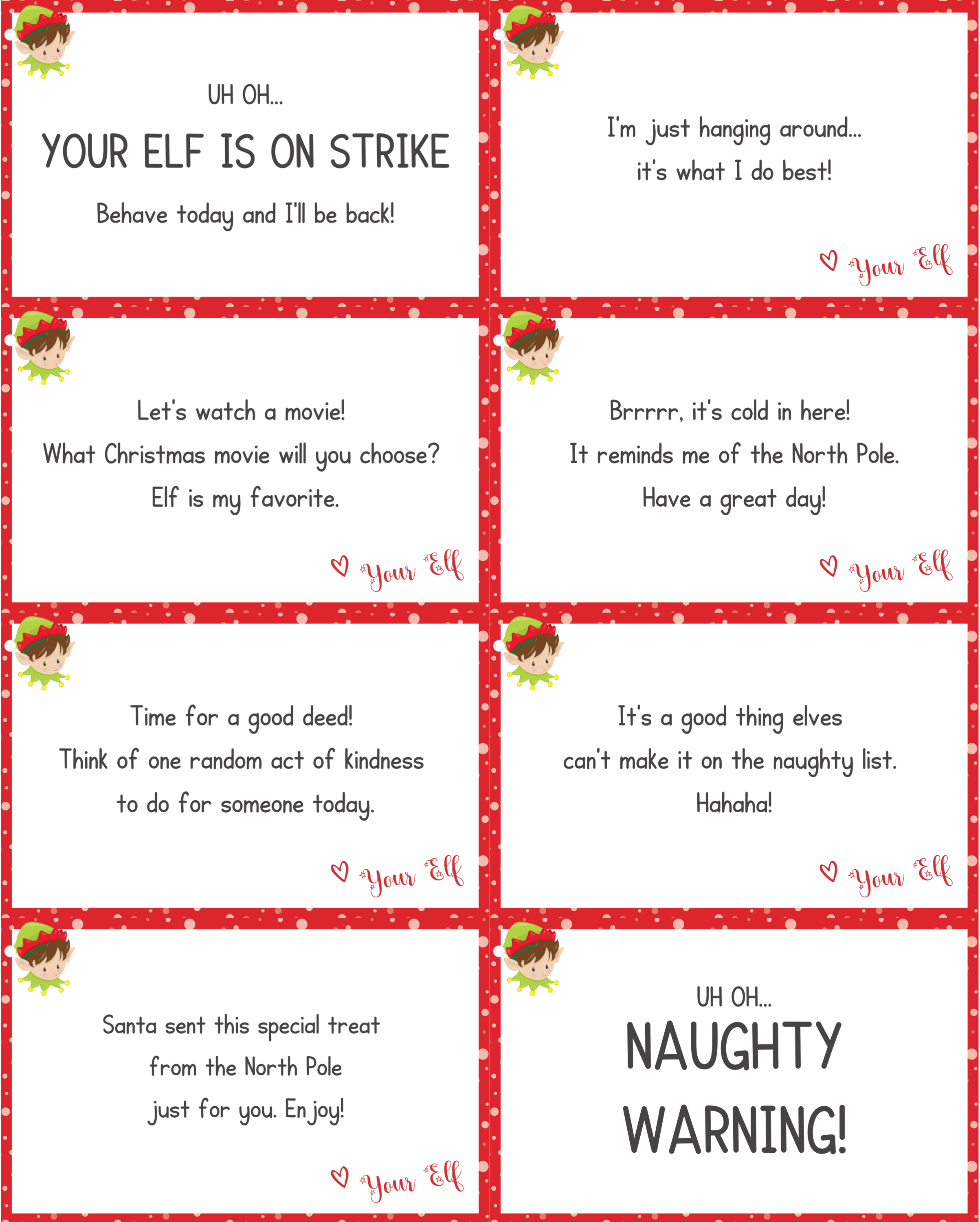 eight elf on the shelf printable notes