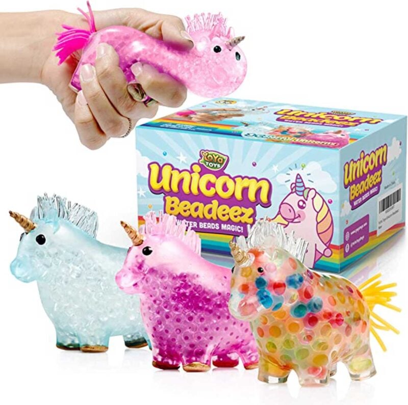 three beaded unicorn stress balls