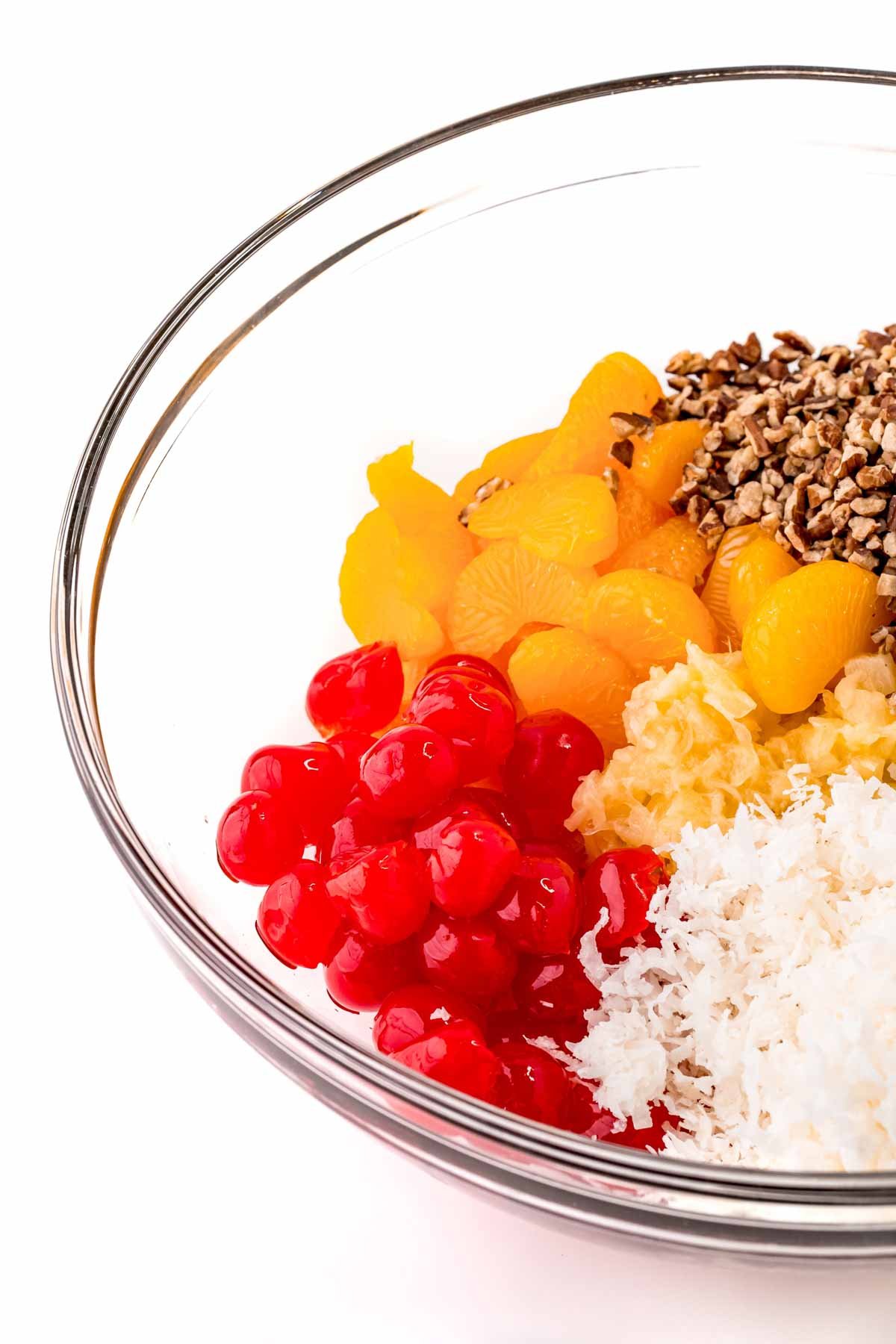 glass bowl with fruit for ambrosia salad