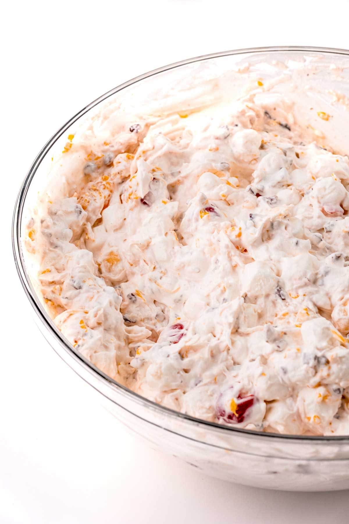 glass bowl of ambrosia salad