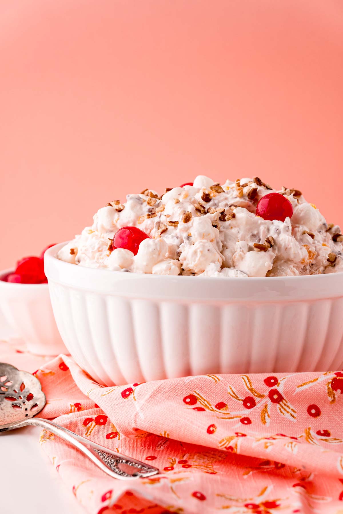 white bowl of ambrosia salad