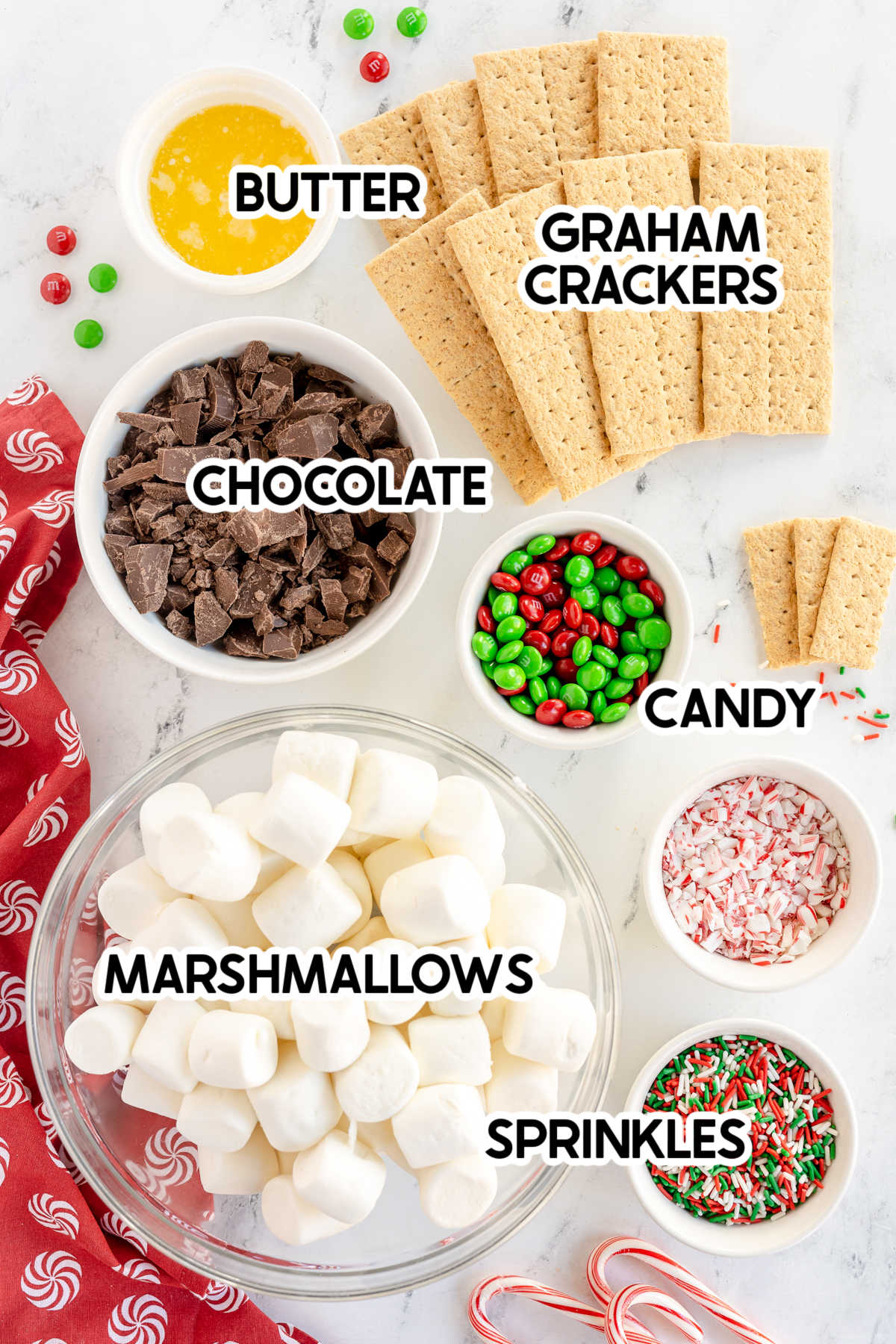 ingredients to make Christmas bark with labels