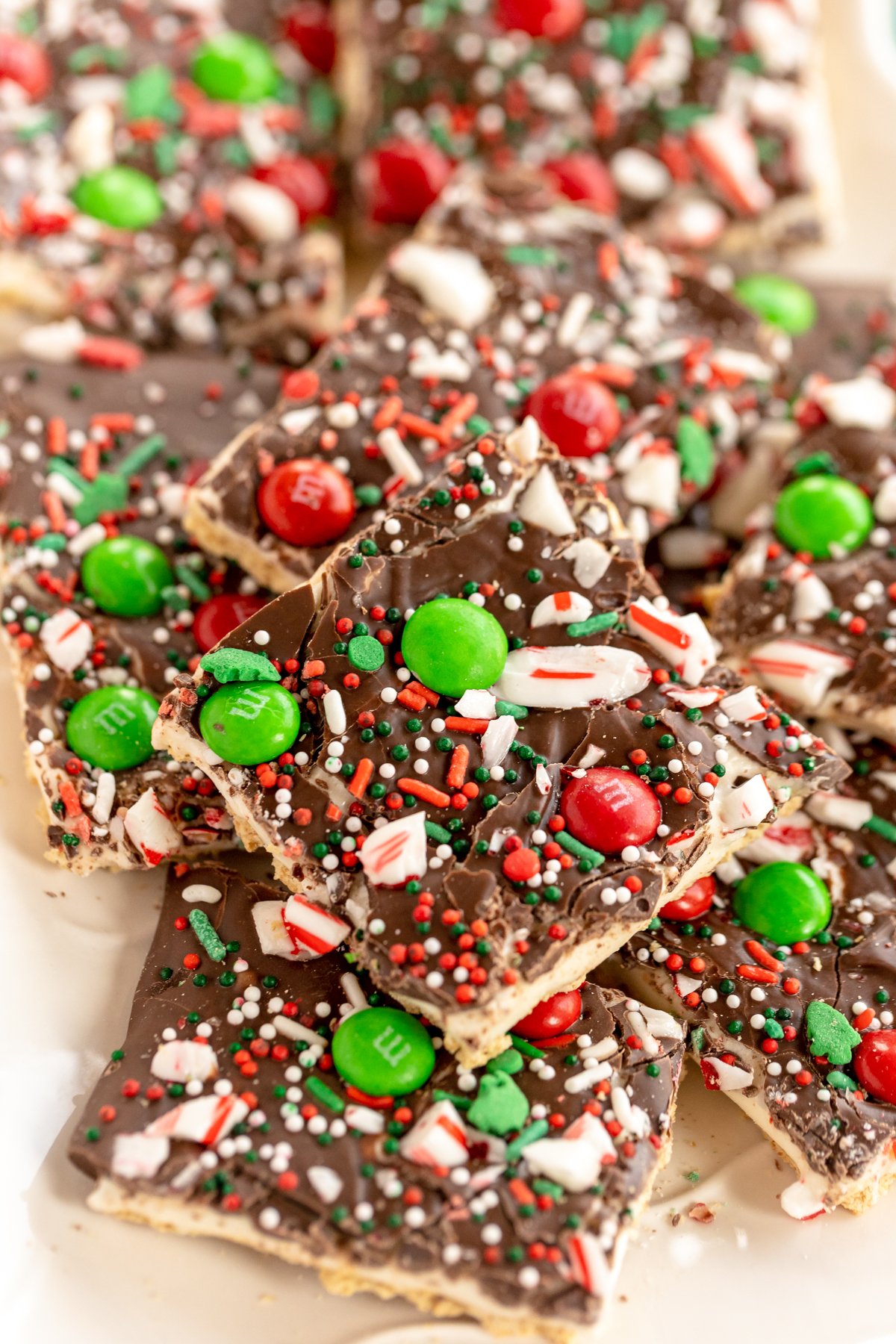 white plate full of Christmas bark