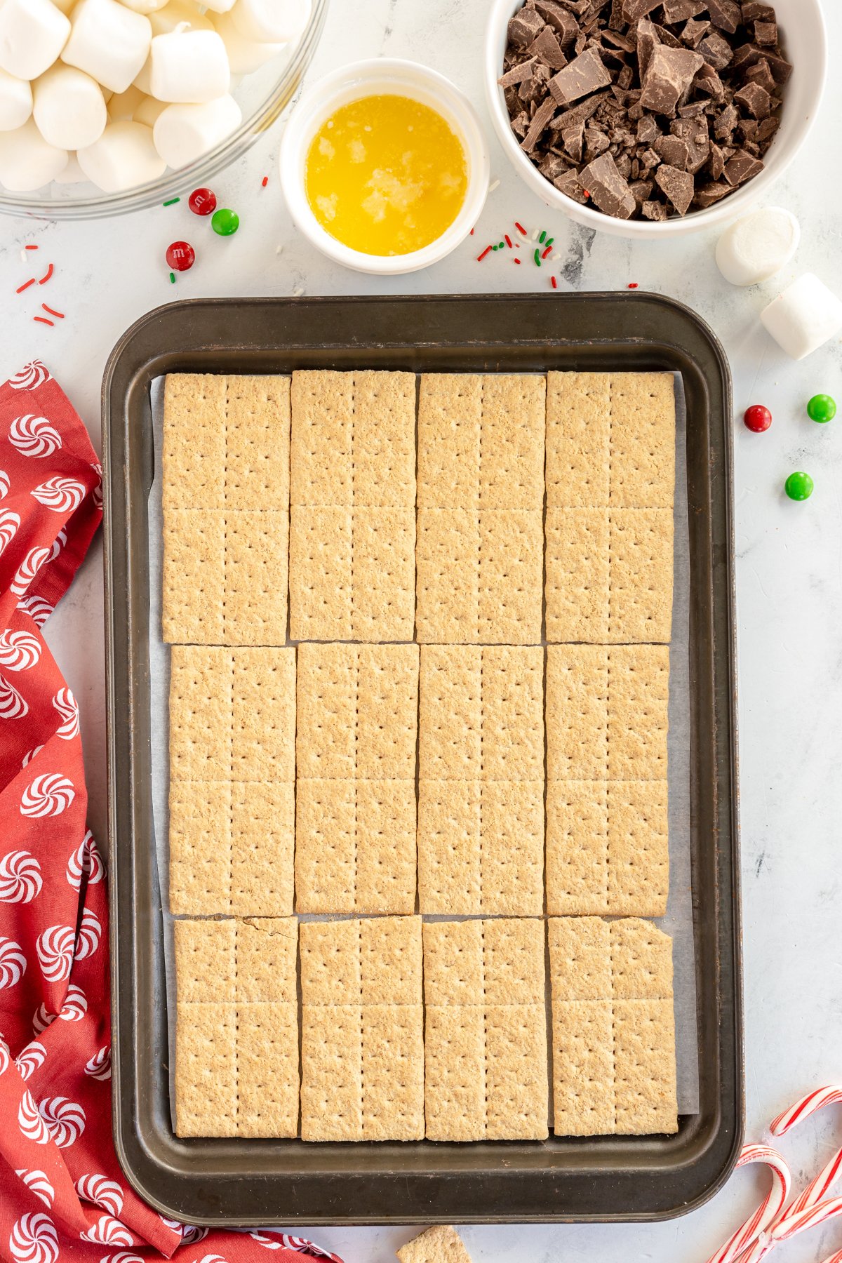 graham crackers on a baking sheet