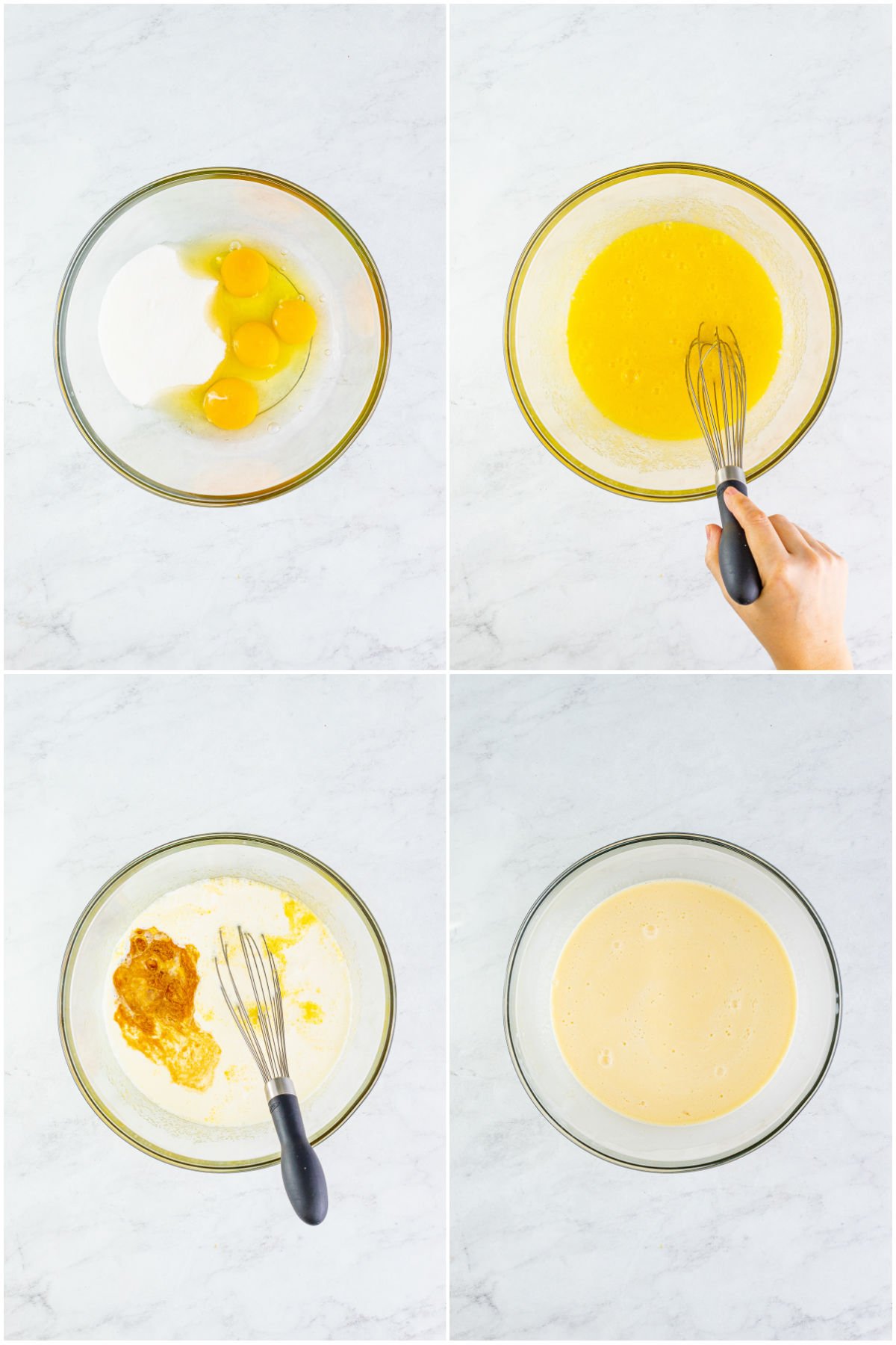 glass bowls with step by step process of making custard pie