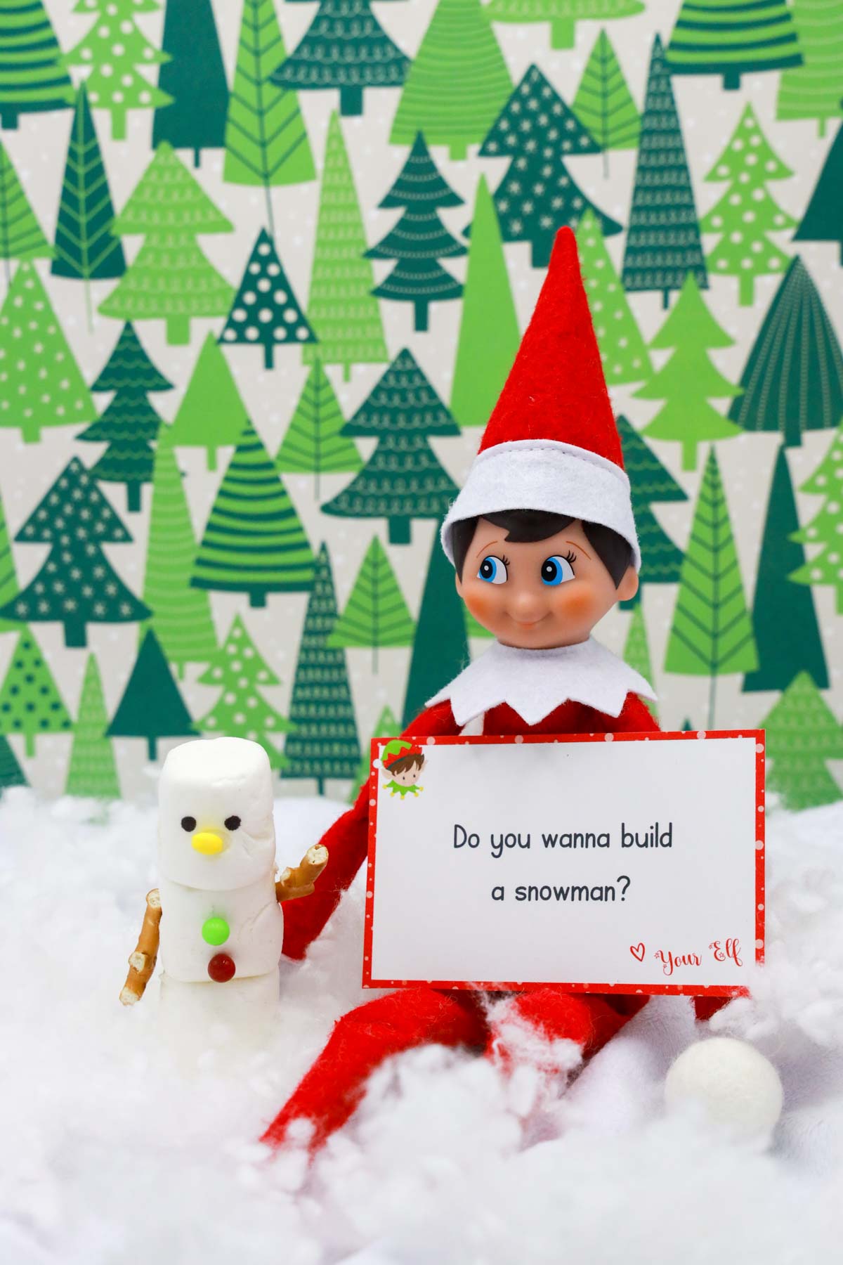 elf on the shelf sitting with a marshmallow snowman