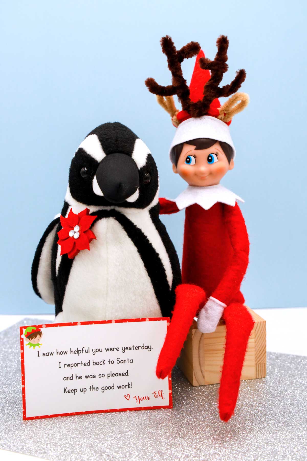 elf on a shelf with a penguin