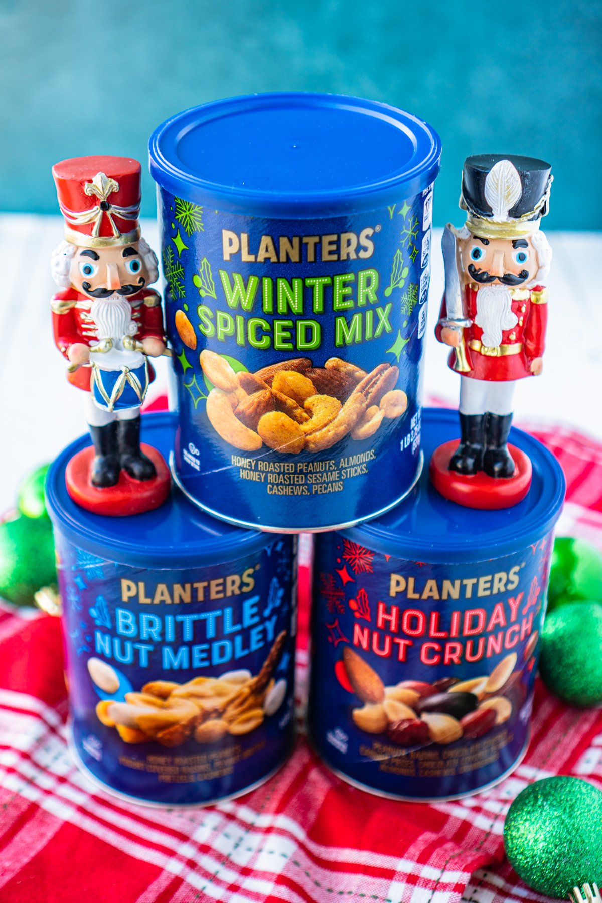 cans of mixed nuts stacked on top of each other