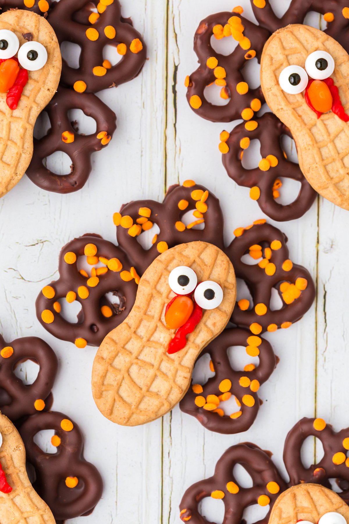 nutter butter turkey cookies on a white table