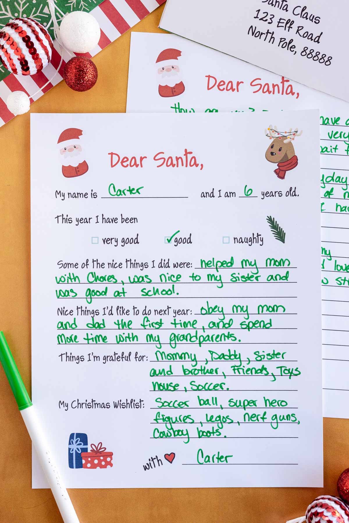 filled in printable letter to Santa template