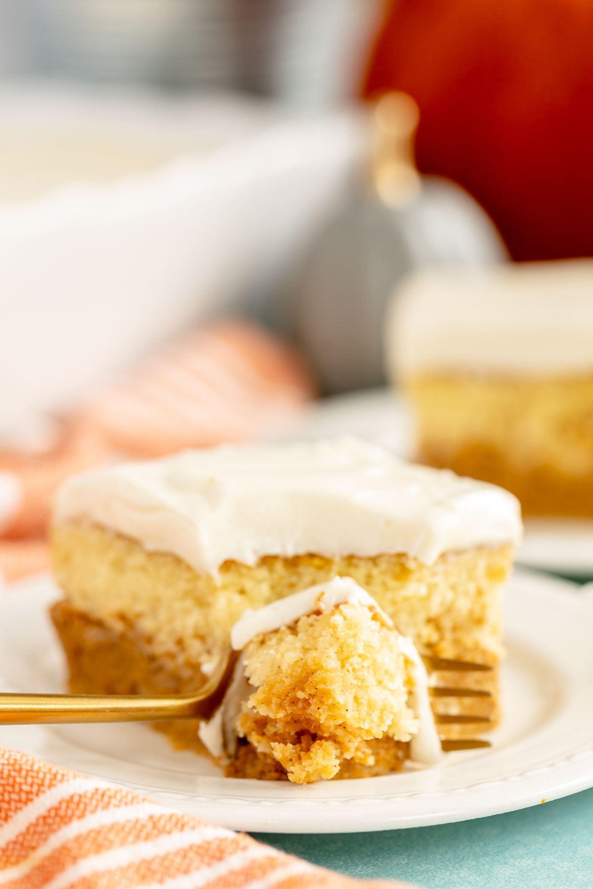 fork eating a piece of pumpkin magic cake