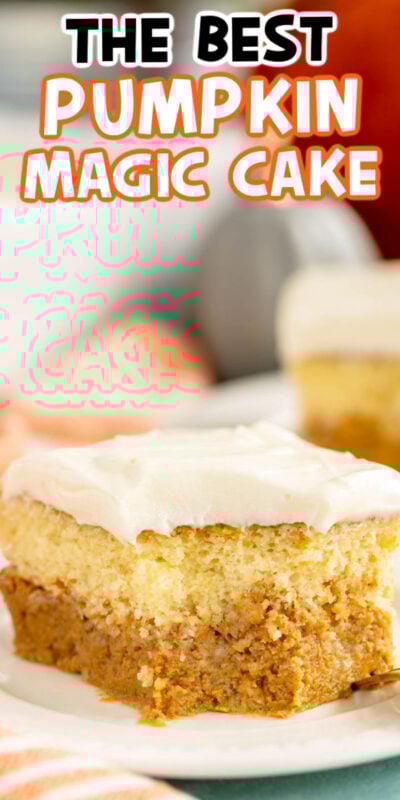 pumpkin magic cake slice with a label