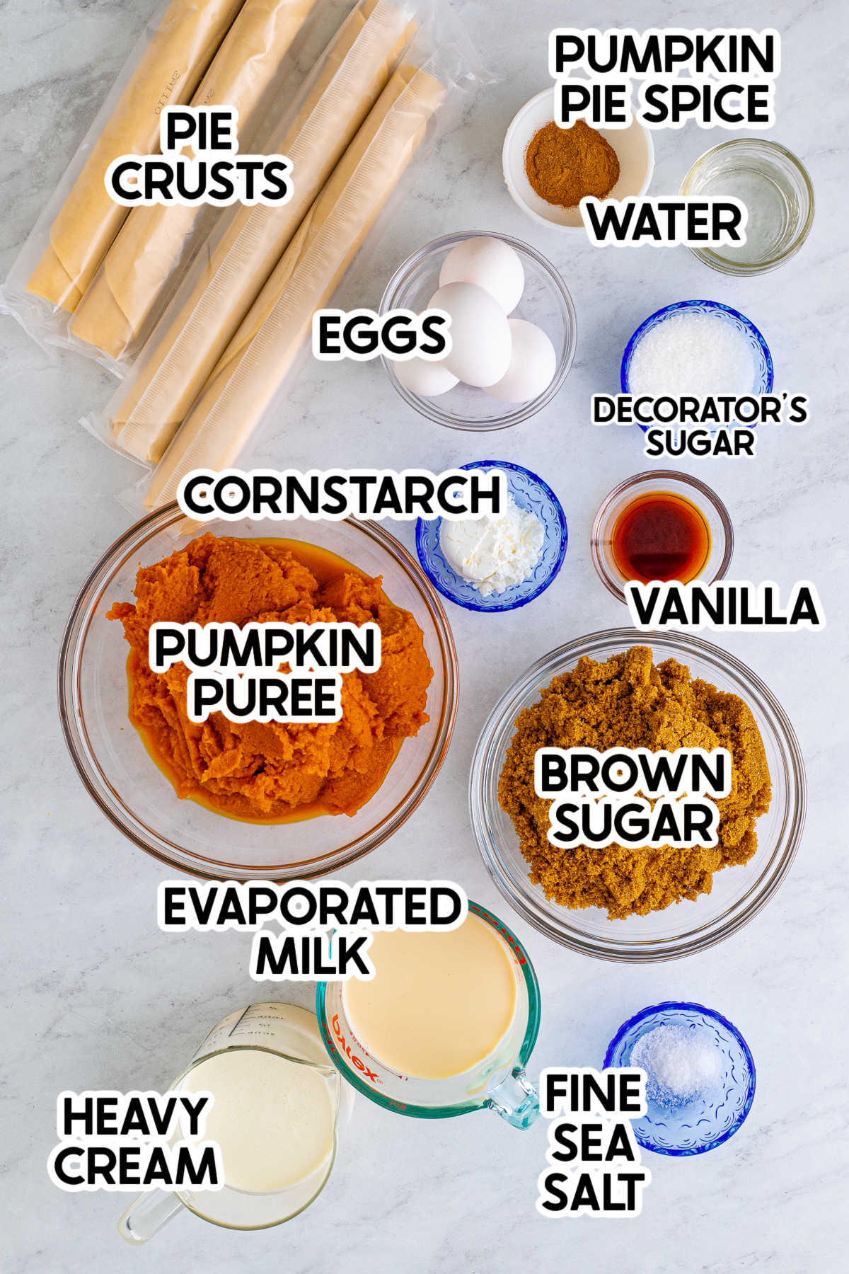 ingredients to make pumpkin slab pie with labels