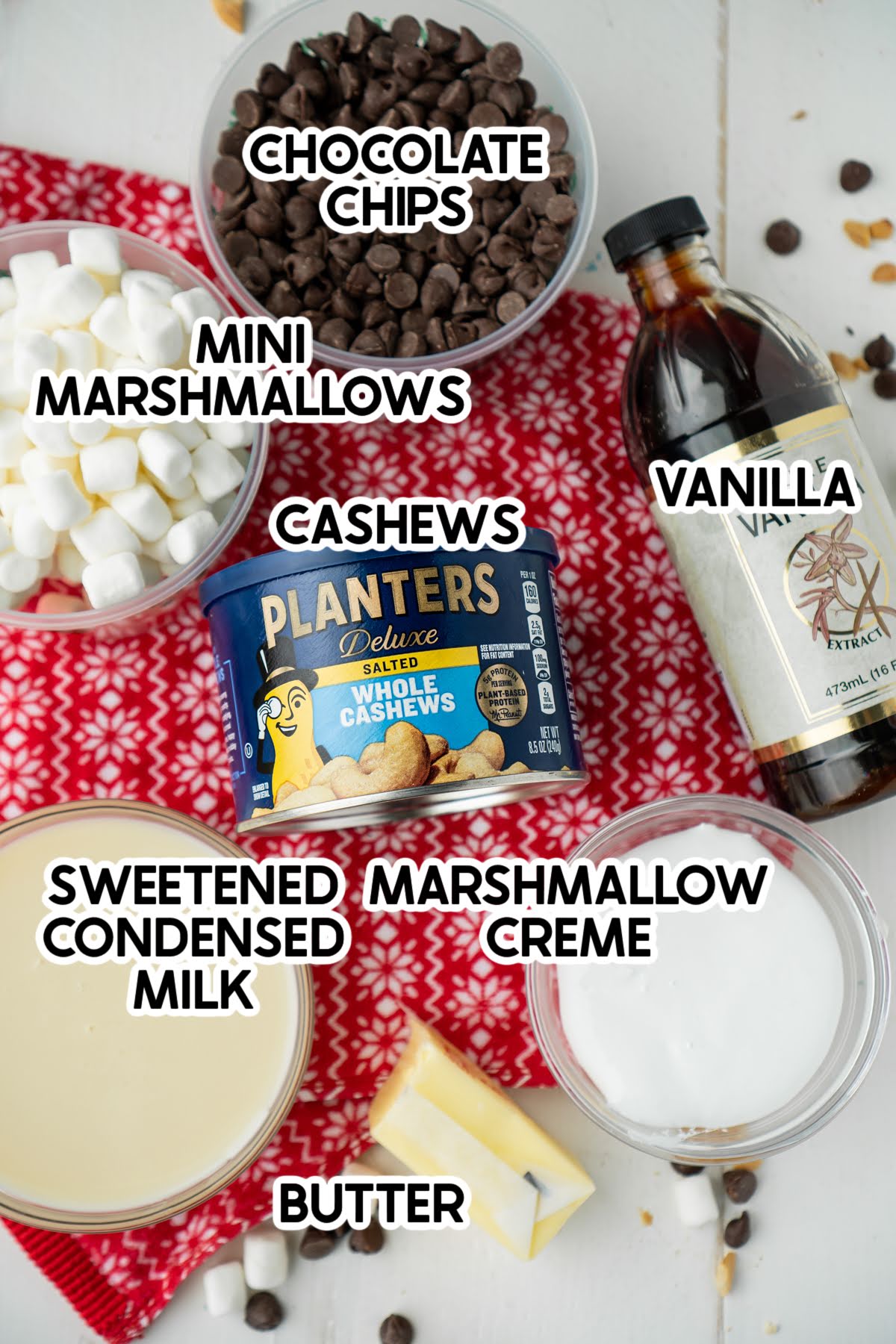 ingredients in rocky road fudge with labels