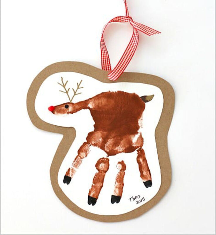 Handprint reindeer ornament with red nose