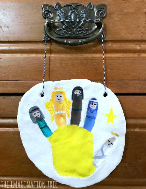 salt dough ornament with nativity painted handprint