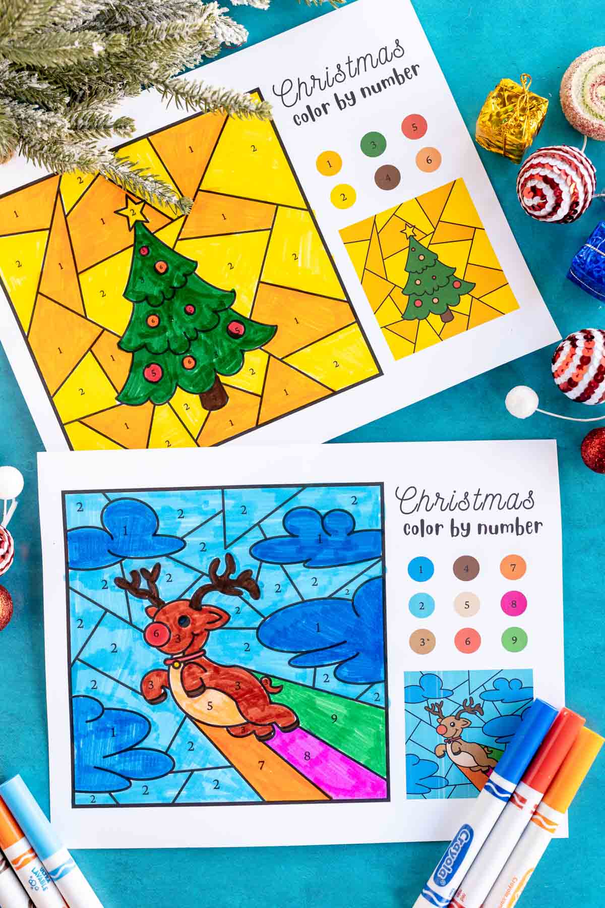 colored in Christmas coloring by number coloring pages