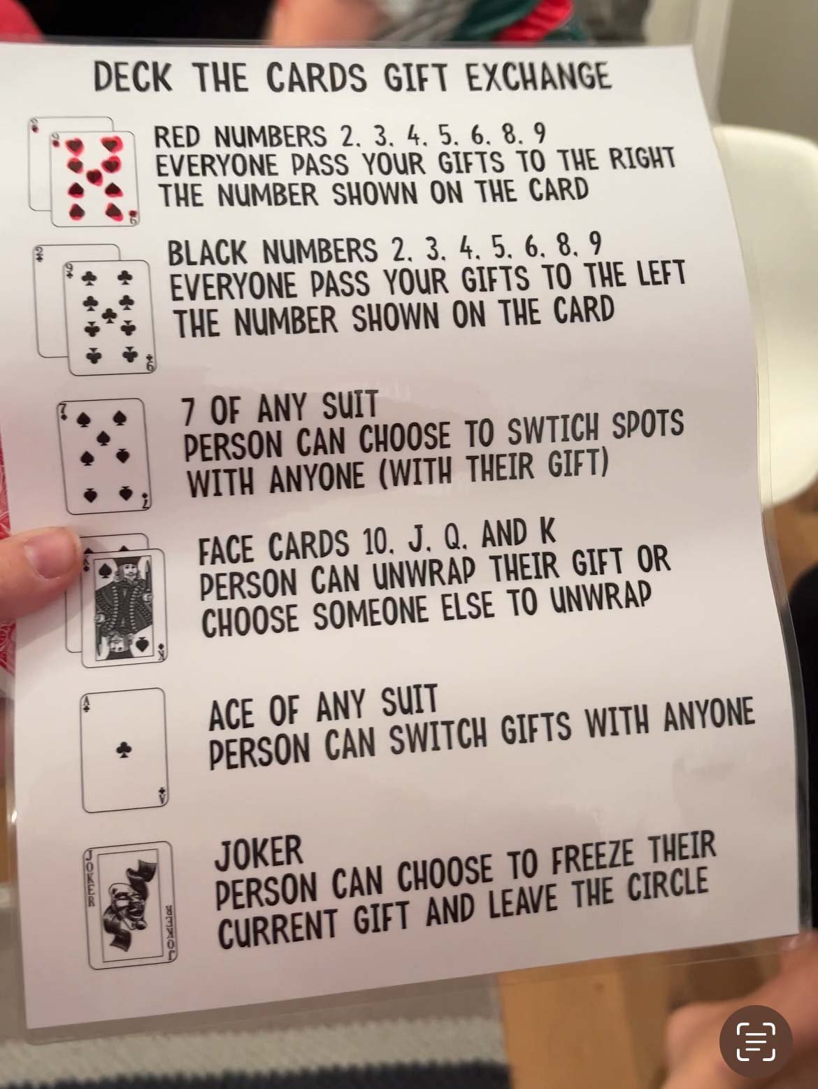 hand holding a card guide to a deck of cards gift exchange