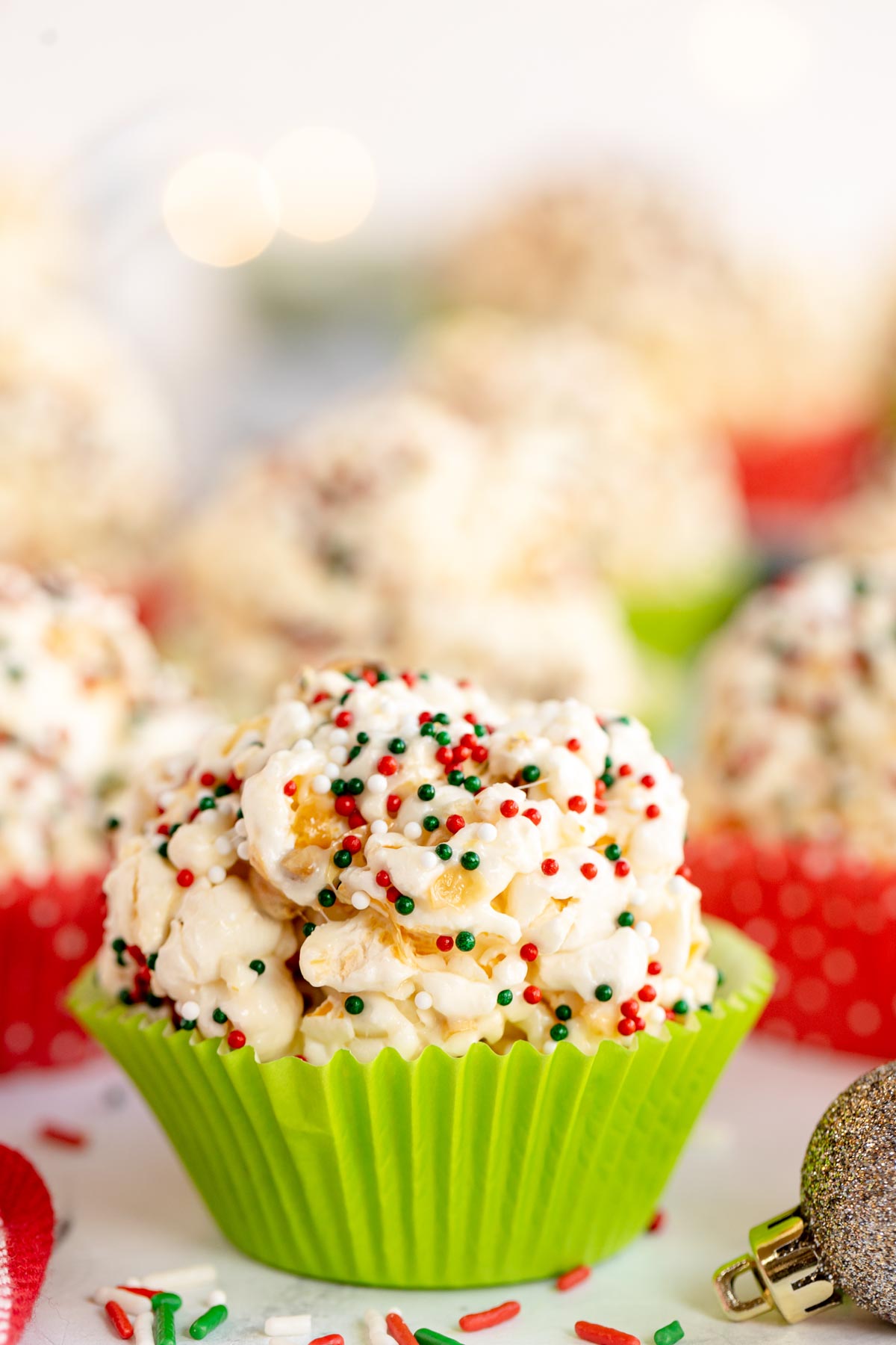 Christmas popcorn ball in a cupcake liner