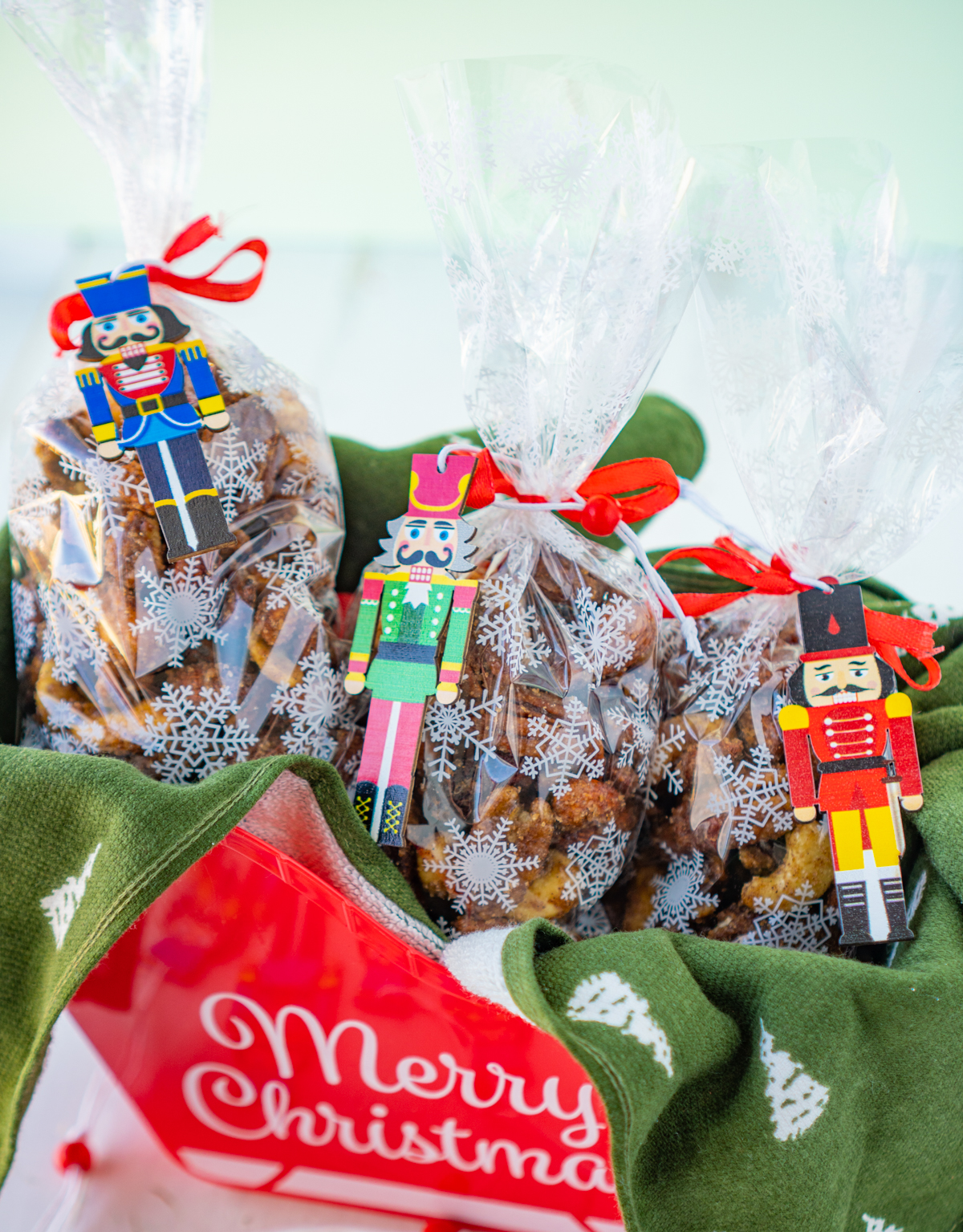 Santa's sleigh filled with bags of candied nuts