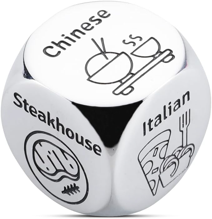 white dice with various foods written on each side
