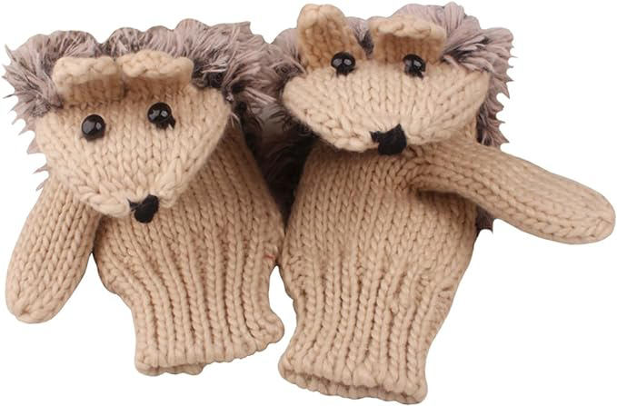mittens with hedgehog faces on the tops