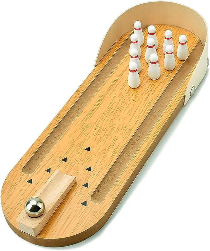 mini wood bowling board with metal ball and mini pins