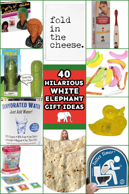 Collage of images of funny white elephant gifts